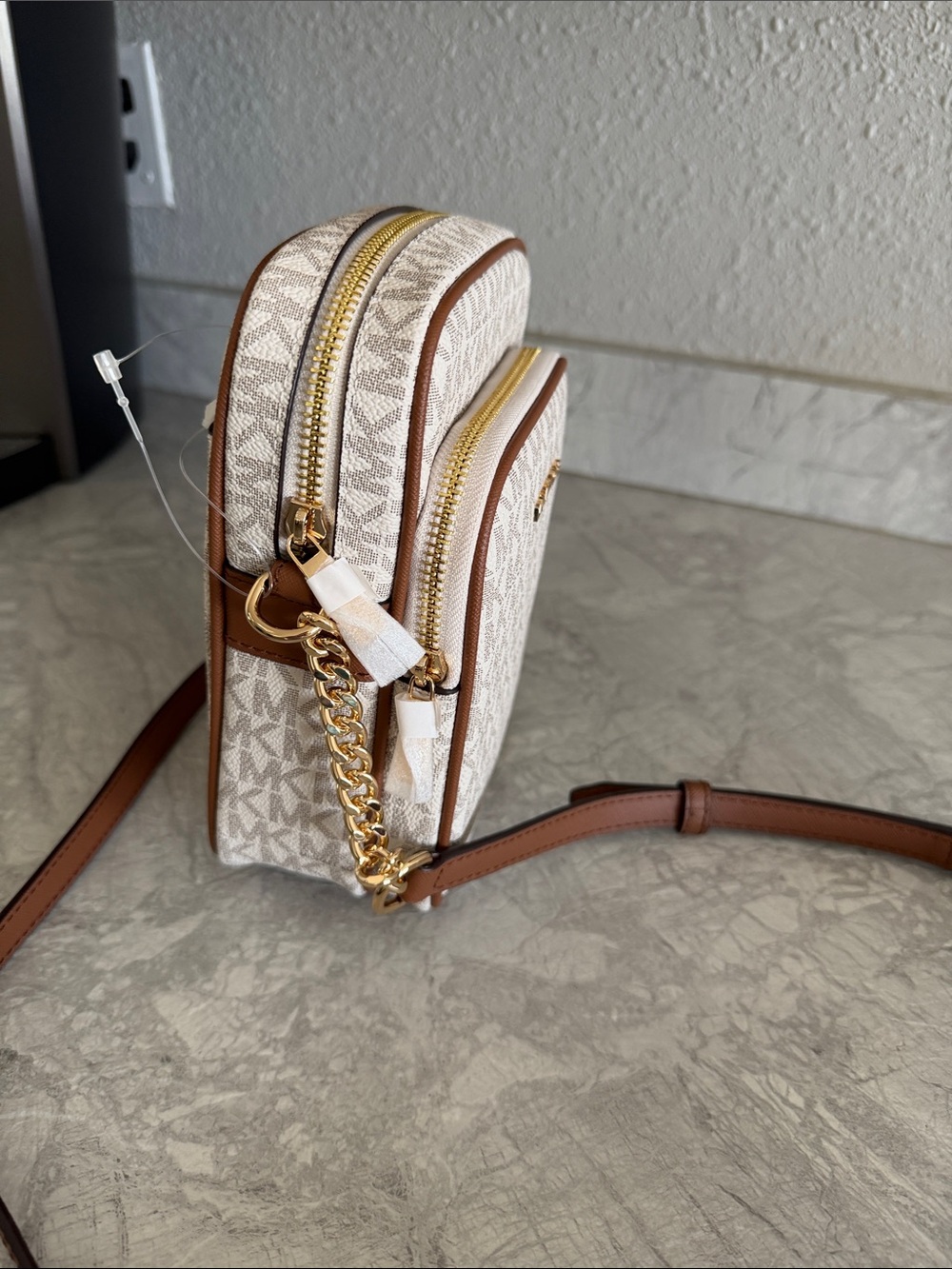 Michael Kors Neutral MK Logo Compact Crossbody with Brown Trim - Picture 3 of 4